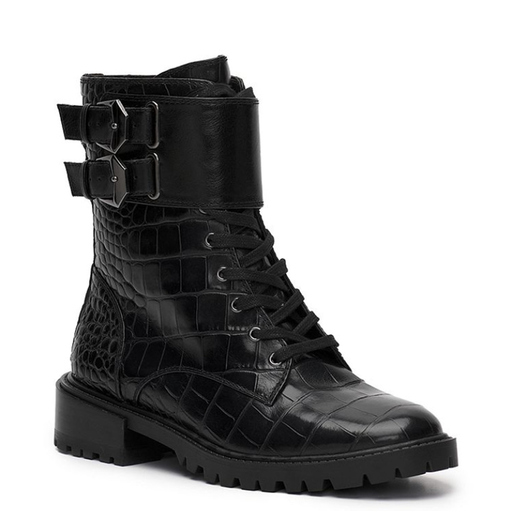 Vince Camuto Fawdry Combat Boots 5 Black NWOT Croc Lace Up Moto Ankle Booties